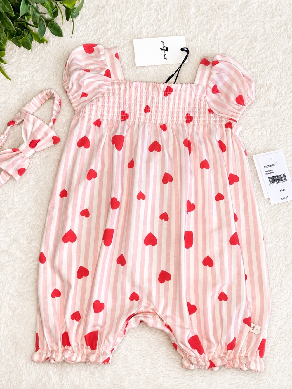 NWT 7 For All Mankind Baby Hearts Romper 3-6M Matching Headband
